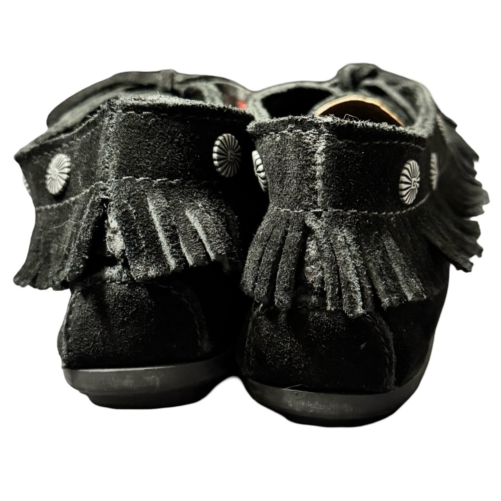 Minnetonka Genuine Suede Leather Black Soft Fringe Concho Moccasins size 8.5 - Picture 4 of 8